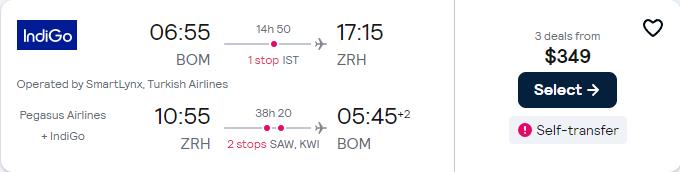 Click here to book this cheap flight deal. Cheap flights from Mumbai, India to Zurich, Switzerland for only $349 USD roundtrip with Turkish Airlines. Flight deal ticket image.