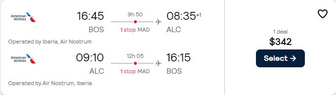 Cheap flights from Boston to Alicante, Spain for only $342 roundtrip with Iberia. Flight deal ticket image.