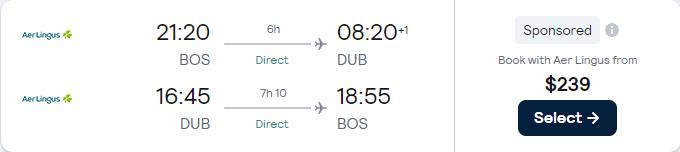 Non-stop flights from Boston to Dublin, Ireland for only $239 roundtrip with Aer Lingus. Flight deal ticket image.