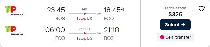 Cheap flights from Boston to Rome, Italy for only $326 roundtrip with TAP Air Portugal. Flight deal ticket image.