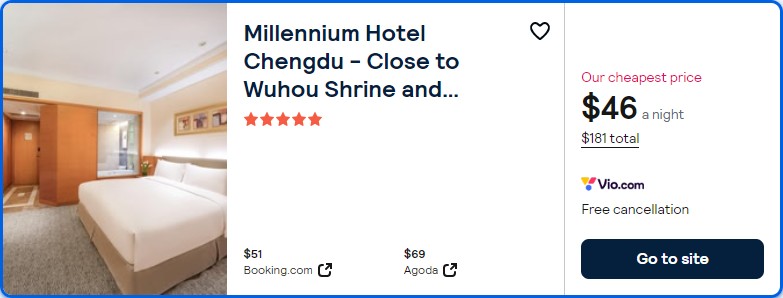Click here to book this cheap flight deal. Stay at the 5* Millennium Hotel Chengdu - Close to Wuhou Shrine and Chengdu South Railway Station,Fluent English Service in Chengdu, China for only $46 USD per night over Christmas and New Year. Flight deal ticket image.
