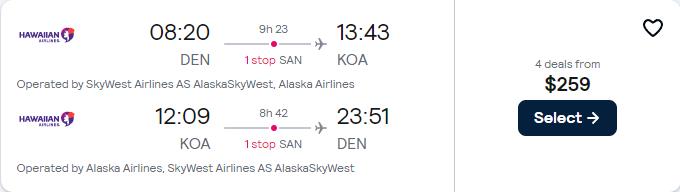 Cheap flights from Denver, Colorado to Kona, Hawaii for only $259 roundtrip with Alaska Airlines. Also works in reverse. Flight deal ticket image.
