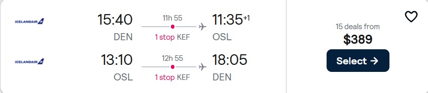 Cheap flights from Denver, Colorado to Oslo, Norway for only $389 roundtrip. Flight deal ticket image.