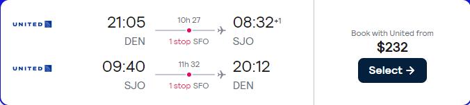 Cheap flights from Denver, Colorado to San Jose, Costa Rica for only $232 roundtrip with United Airlines. Flight deal ticket image.
