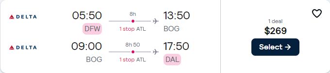 Non-stop flights from Dallas, Texas to Bogota, Colombia for only $269 roundtrip with Delta Air Lines. Flight deal ticket image.