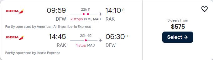 Click here to book this cheap flight deal. Cheap flights from Dallas, Texas to Marrakesh, Morocco for only $575 roundtrip with American Airlines and Iberia. Flight deal ticket image.
