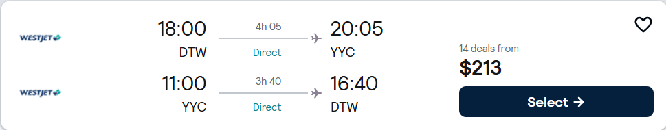 Click here to book this cheap flight deal. Non-stop, summer flights from Detroit to Calgary, Canada for only $213 roundtrip. Flight deal ticket image.