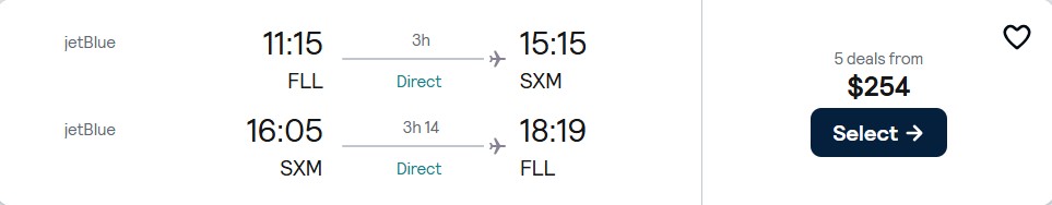 Click here to book this cheap flight deal. Non-stop flights from Fort Lauderdale to St. Martin for only $254 roundtrip with JetBlue. Flight deal ticket image.