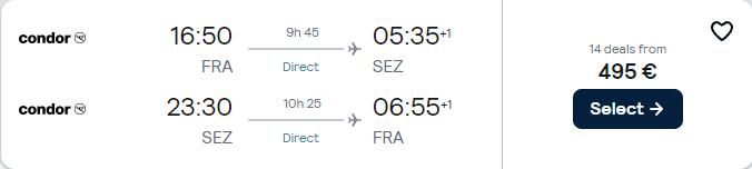 Non-stop flights from Frankfurt, Germany to the Seychelles for only €495 roundtrip. Flight deal ticket image.