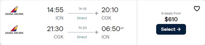 Click here to book this cheap flight deal. Business Class flights from Seoul, South Korea to Jakarta, Indonesia for only $610 USD roundtrip with Asiana Airlines. Flight deal ticket image.