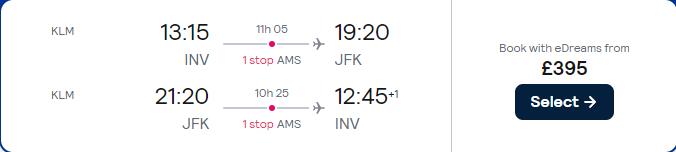 Click here to book this cheap flight deal. Cheap flights from Inverness, Scotland to New York, USA for only £395 roundtrip with KLM. Flight deal ticket image.