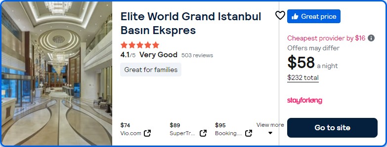 Click here to book this cheap flight deal. Stay at the 5* Elite World Grand Istanbul Basın Ekspres in Istanbul, Turkey for only $58 USD per night over Christmas and New Year. Flight deal ticket image.