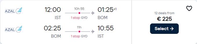 Cheap flights from Istanbul, Turkey to Mumbai, India for only €225 roundtrip. Flight deal ticket image.