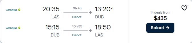 Non-stop flights from Las Vegas to Dublin, Ireland for only $435 roundtrip with Aer Lingus. Flight deal ticket image.