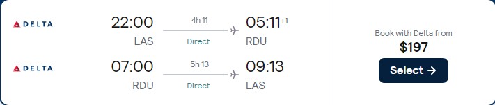 Click here to book this cheap flight deal. Non-stop flights from Las Vegas to Raleigh, North Carolina for only $197 roundtrip with Delta Air Lines. Also works in reverse. Flight deal ticket image.