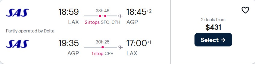 Click here to book this cheap flight deal. Cheap flights from Los Angeles to Malaga, Spain for only $431 roundtrip with Delta Air Lines and Scandinavian Airlines. Flight deal ticket image.