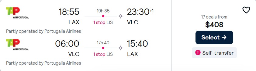 Click here to book this cheap flight deal. Cheap flights from Los Angeles to Valencia, Spain for only $408 roundtrip with TAP Air Portugal. Flight deal ticket image.