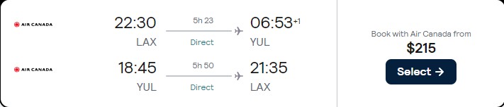 Non-stop flights from Los Angeles to Montreal, Canada for only $215 roundtrip with Air Canada. Flight deal ticket image.