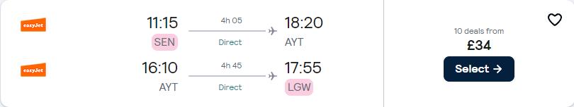 Non-stop flights from London, UK to Antalya or Dalaman, Turkey from only £34 roundtrip. Flight deal ticket image.