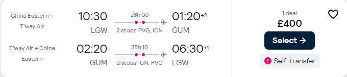 Cheap flights from London, UK to Guam for only £400 roundtrip. Flight deal ticket image.
