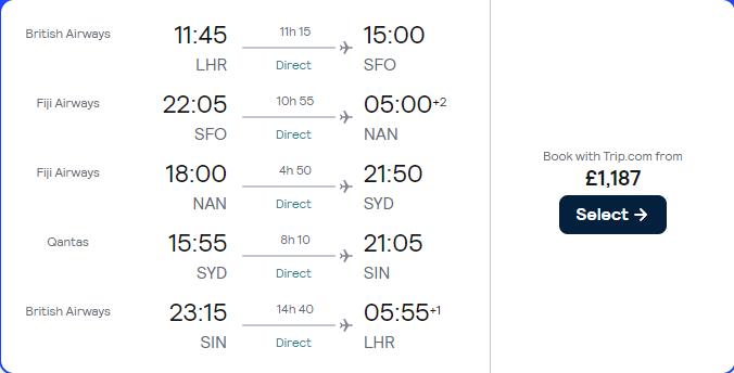An amazing around the world trip from London, UK visiting 4 countries for only £1187 roundtrip. Flight deal ticket image.