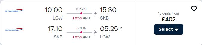 Cheap flights from London, UK to ________ from only £402 roundtrip with British Airways. Flight deal ticket image.