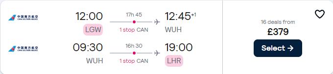 Cheap flights from London, UK to Wuhan, China for only £379 roundtrip. Flight deal ticket image.