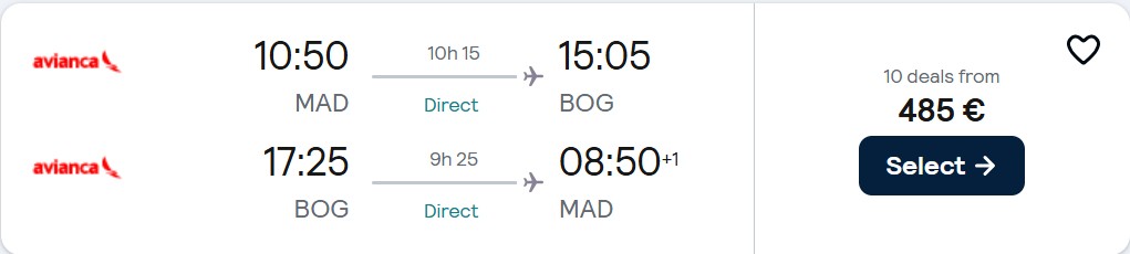 Non-stop flights from Madrid, Spain to Bogota, Colombia for only €485 roundtrip with Avianca. Flight deal ticket image.