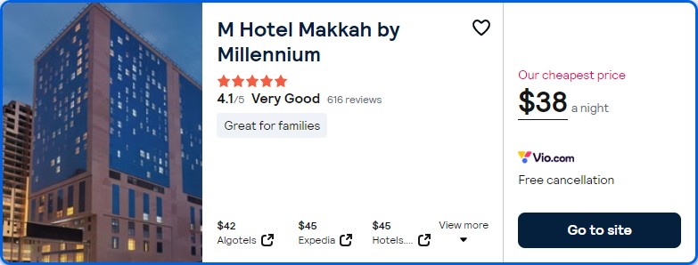 Click here to book this cheap flight deal. Stay at the 5* M Hotel Makkah by Millennium in Makkah, Saudi Arabia for only $38 USD per night. Flight deal ticket image.