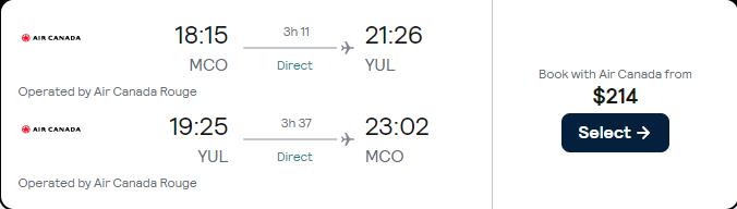 Non-stop flights from Orlando, Florida to Montreal, Canada for only $214 roundtrip with Air Canada. Flight deal ticket image.