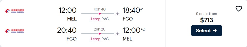Cheap flights from Melbourne, Australia to Rome, Italy for only $713 AUD roundtrip. Flight deal ticket image.