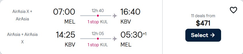 Click here to book this cheap flight deal. Cheap flights from Melbourne, Australia to Krabi, Thailand for only $471 AUD roundtrip. Flight deal ticket image.