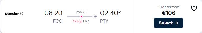 Click here to book this cheap flight deal. Last minute flights from European cities to Panama City, Panama from only β¬106 one-way. Flight deal ticket image.