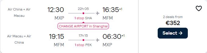 Cheap flights from Milan or Rome, Italy to Macau, China from only €352 roundtrip. Flight deal ticket image.