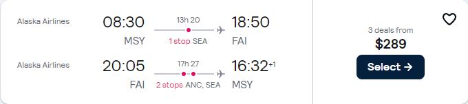 Cheap flights from New Orleans to Fairbanks, Alaska for only $289 roundtrip with Alaska Airlines. Also works in reverse. Flight deal ticket image.