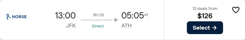 Non-stop flights from New York to European cities from only $126 one-way. Flight deal ticket image.
