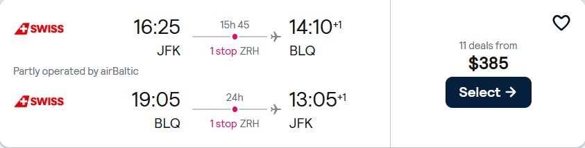 Cheap flights from New York to Bologna, Italy for only $385 roundtrip with Swiss International Air Lines and United Airlines. Flight deal ticket image.