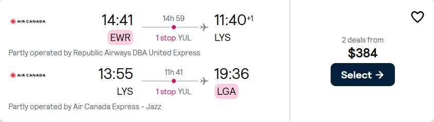 Click here to book this cheap flight deal. Cheap flights from New York to Lyon, France for only $384 roundtrip with Air Canada. Flight deal ticket image.