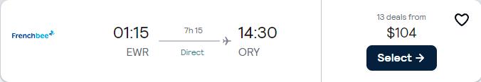 Non-stop, last minute flights from New York to Paris, France for only $104 one-way. Flight deal ticket image.
