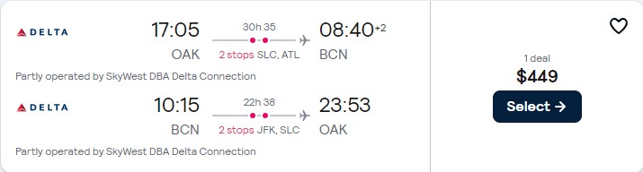 Click here to book this cheap flight deal. Cheap flights from Oakland, California to Barcelona, Spain for only $449 roundtrip with Delta Air Lines. Flight deal ticket image.