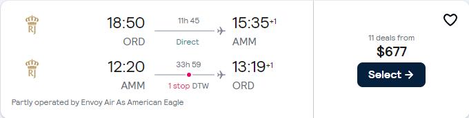 Click here to book this cheap flight deal. Cheap flights from Chicago to Amman, Jordan for only $677 roundtrip with American Airlines. Flight deal ticket image.