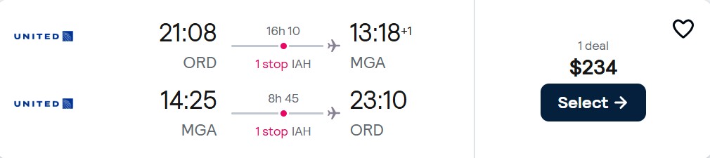 Cheap flights from Chicago to Managua, Nicaragua for only $234 roundtrip with United Airlines. Flight deal ticket image.