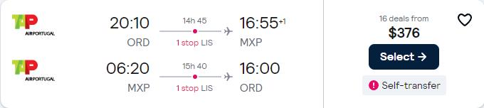 Cheap flights from Chicago to Milan, Italy for only $376 roundtrip with TAP Air Portugal. Flight deal ticket image.