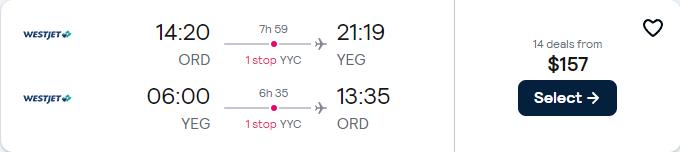 Cheap flights from Chicago to Edmonton, Canada for only $143 roundtrip. Flight deal ticket image.