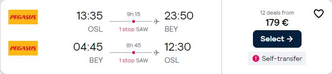 Cheap flights from Oslo, Norway to Beirut, Lebanon for only €179 roundtrip. Flight deal ticket image.