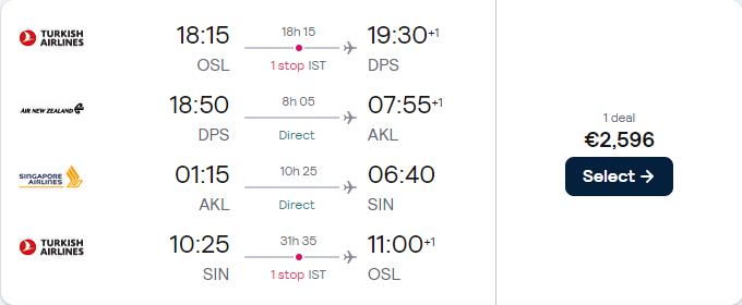 3 in 1 trip...Business Class flights from European cities to Bali, Indonesia, Auckland, New Zealand and Singapore from only €2596 roundtrip with Turkish Airlines and Air New Zealand. Flight deal ticket image.
