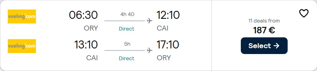 Click here to book this cheap flight deal. Non-stop flights from Paris, France to Cairo, Egypt for only €187 roundtrip. Flight deal ticket image.