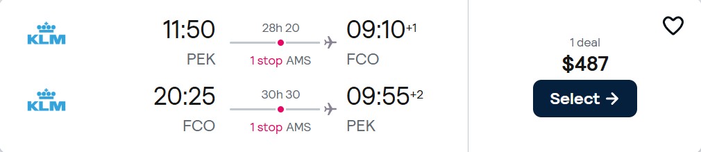 Cheap flights from Beijing, China to Rome, Italy for only $487 USD roundtrip with KLM. Flight deal ticket image.