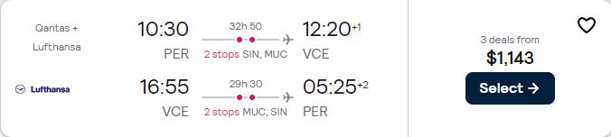 Click here to book this cheap flight deal. Cheap flights from Perth, Australia to Venice, Italy for only $1143 AUD roundtrip with Qantas, Singapore Airlines and Lufthansa. Flight deal ticket image.