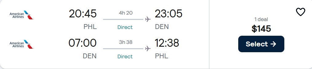 Non-stop flights from Philadelphia to Denver, Colorado for only $145 roundtrip with American Airlines. Also works in reverse. Flight deal ticket image.
